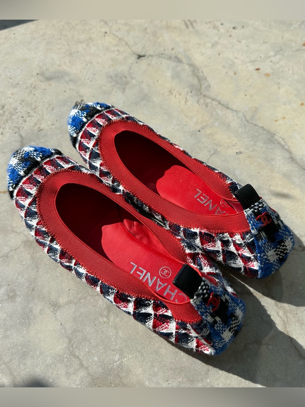 CHANEL Red, Blue & Black Tweed Ballet Flats
